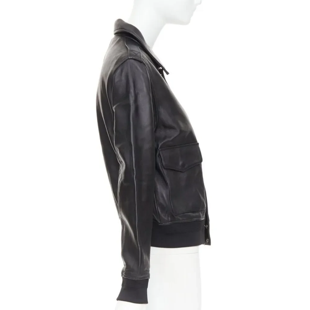 SAINT LAURENT 2020 black sheepskin leather pocketed flight jacket L - Picture 5 of 10